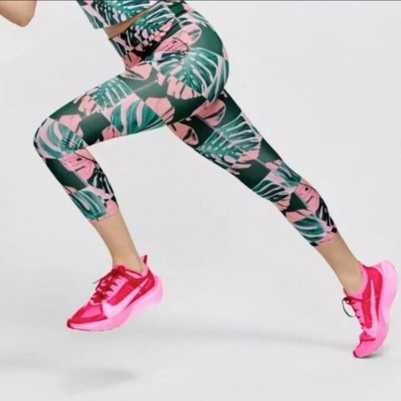 Nike Dri Fit Leggings S Pink Monstera Palm Leaves Cropped High Rise Tropical - Picture 8 of 9